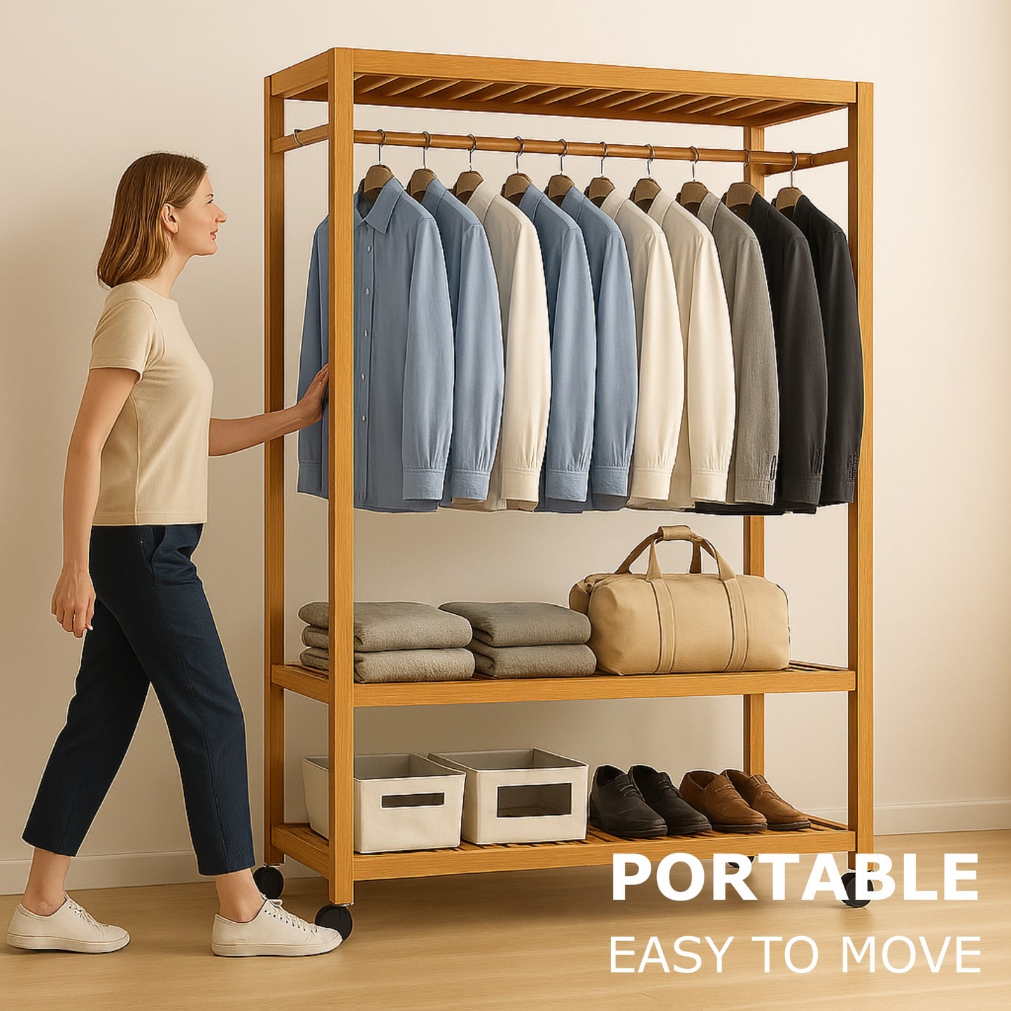 Bamboo 4-in-1 Open Wardrobe with Shoe Rack - Bedroom Clothes Storage Organiser