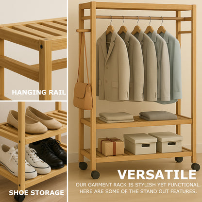 Bamboo 4-in-1 Open Wardrobe with Shoe Rack - Bedroom Clothes Storage Organiser