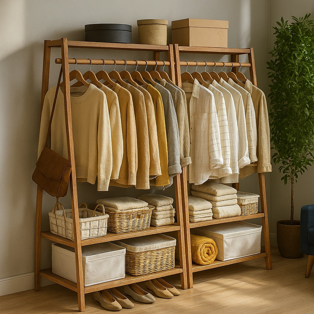 Bamboo Clothes Rail with 2 Shelves - Freestanding Garment Rack Bedroom Storage