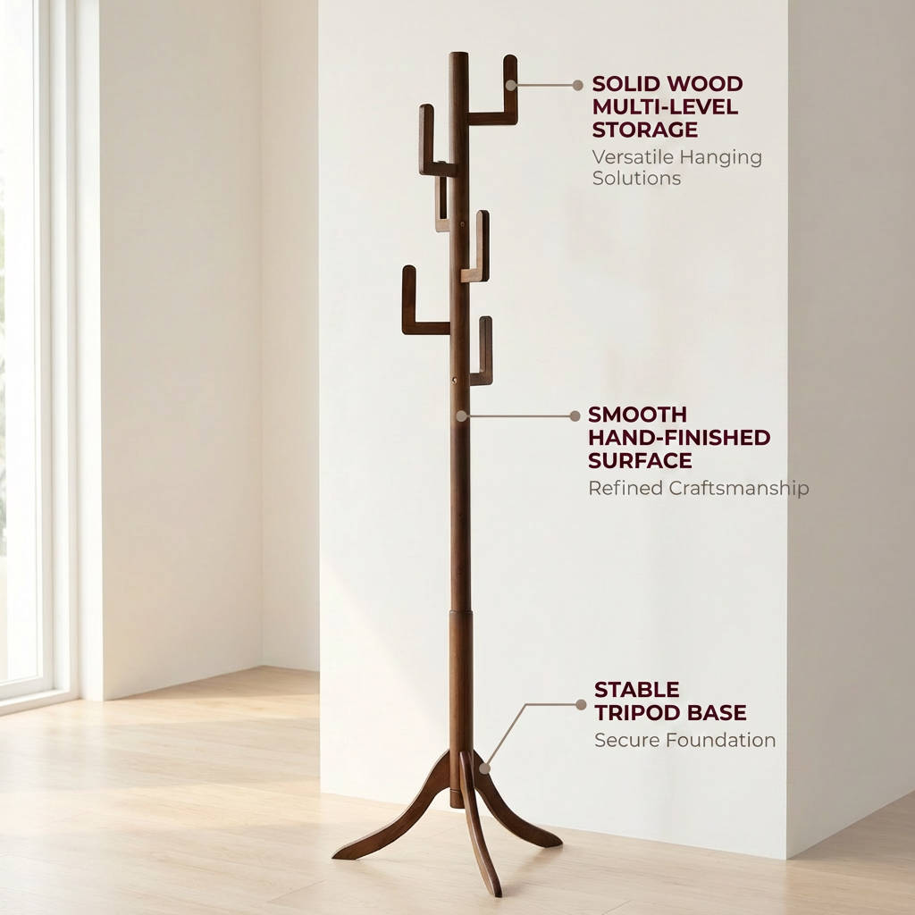 Wooden Coat Stand with 6 Hooks - Freestanding Hat & Coat Hanger Tree Rack
