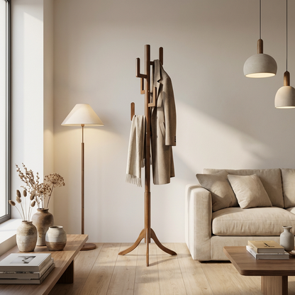 Wooden Coat Stand with 6 Hooks - Freestanding Hat & Coat Hanger Tree Rack