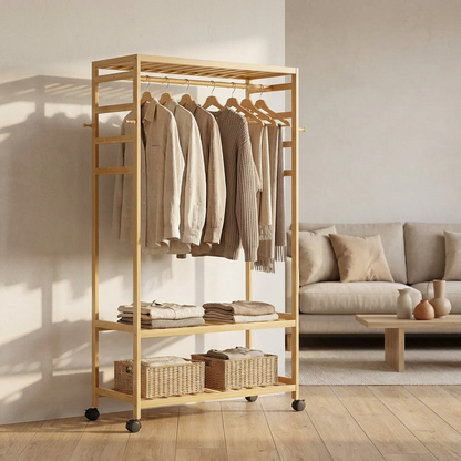 Bamboo 4-in-1 Open Wardrobe with Shoe Rack - Bedroom Clothes Storage Organiser