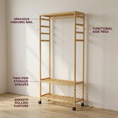 Bamboo 4-in-1 Open Wardrobe with Shoe Rack - Bedroom Clothes Storage Organiser
