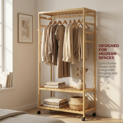 Bamboo 4-in-1 Open Wardrobe with Shoe Rack - Bedroom Clothes Storage Organiser