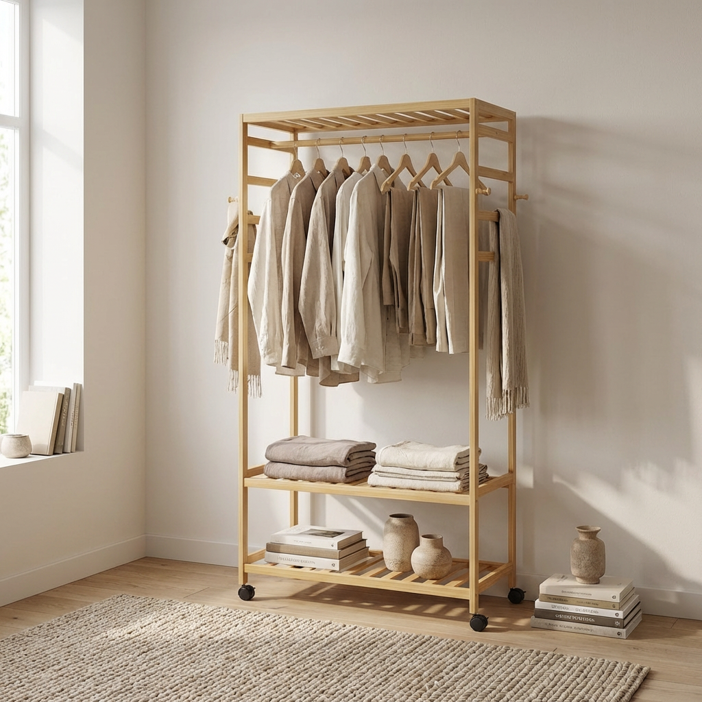 Bamboo 4-in-1 Open Wardrobe with Shoe Rack - Bedroom Clothes Storage Organiser