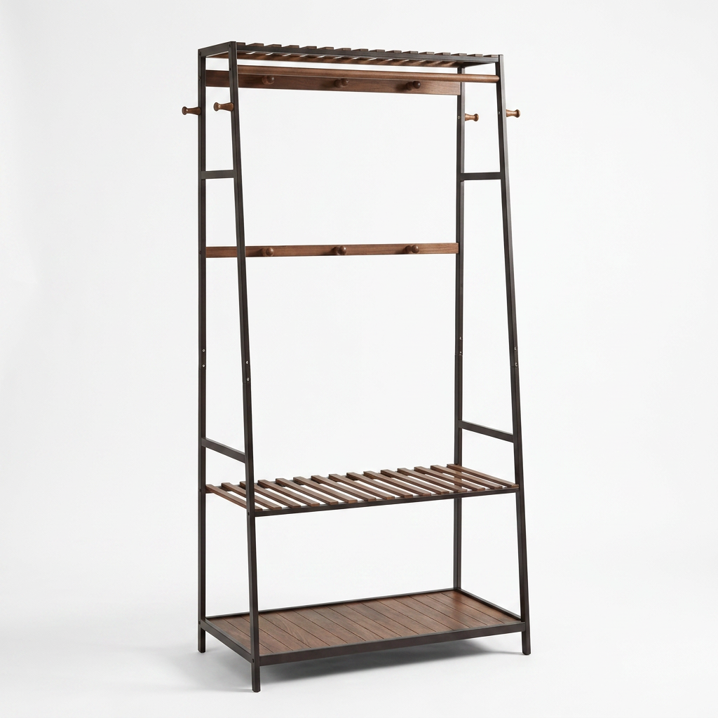 Bamboo Clothes Rail with 2 Shelves - Freestanding Garment Rack Bedroom Storage
