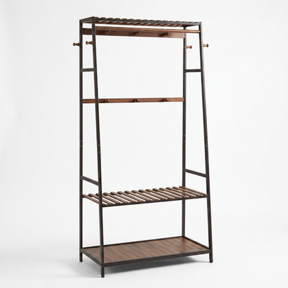 Bamboo Clothes Rail with 2 Shelves - Freestanding Garment Rack Bedroom Storage