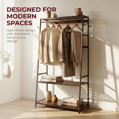 Bamboo Clothes Rail with 2 Shelves - Freestanding Garment Rack Bedroom Storage