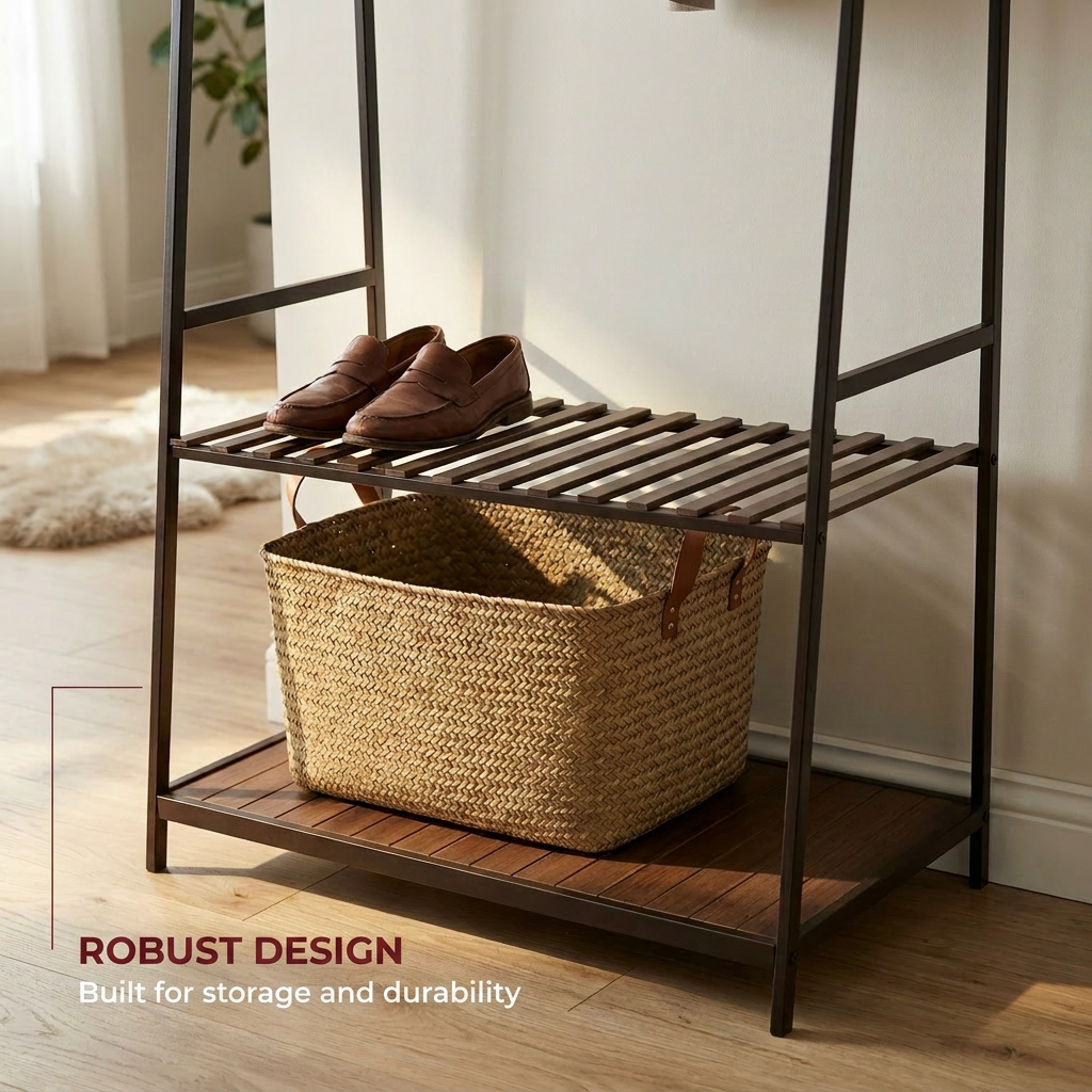 Bamboo Clothes Rail with 2 Shelves - Freestanding Garment Rack Bedroom Storage