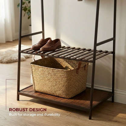 Bamboo Clothes Rail with 2 Shelves - Freestanding Garment Rack Bedroom Storage