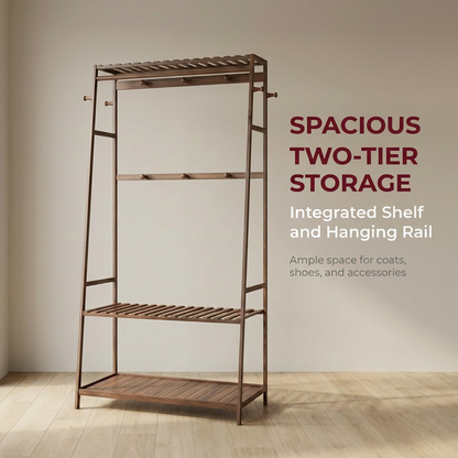 Bamboo Clothes Rail with 2 Shelves - Freestanding Garment Rack Bedroom Storage