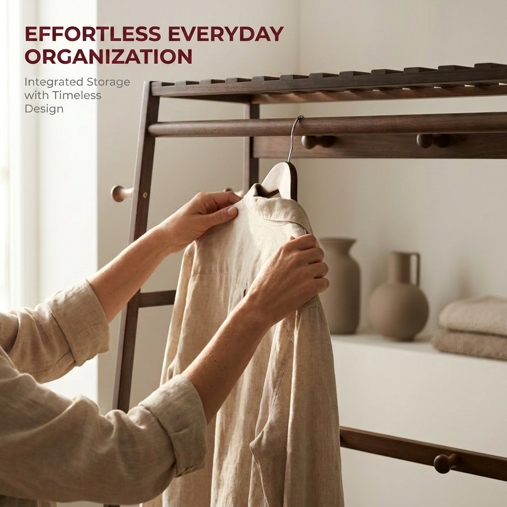 Bamboo Clothes Rail with 2 Shelves - Freestanding Garment Rack Bedroom Storage