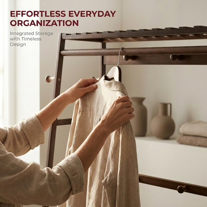 Bamboo Clothes Rail with 2 Shelves - Freestanding Garment Rack Bedroom Storage