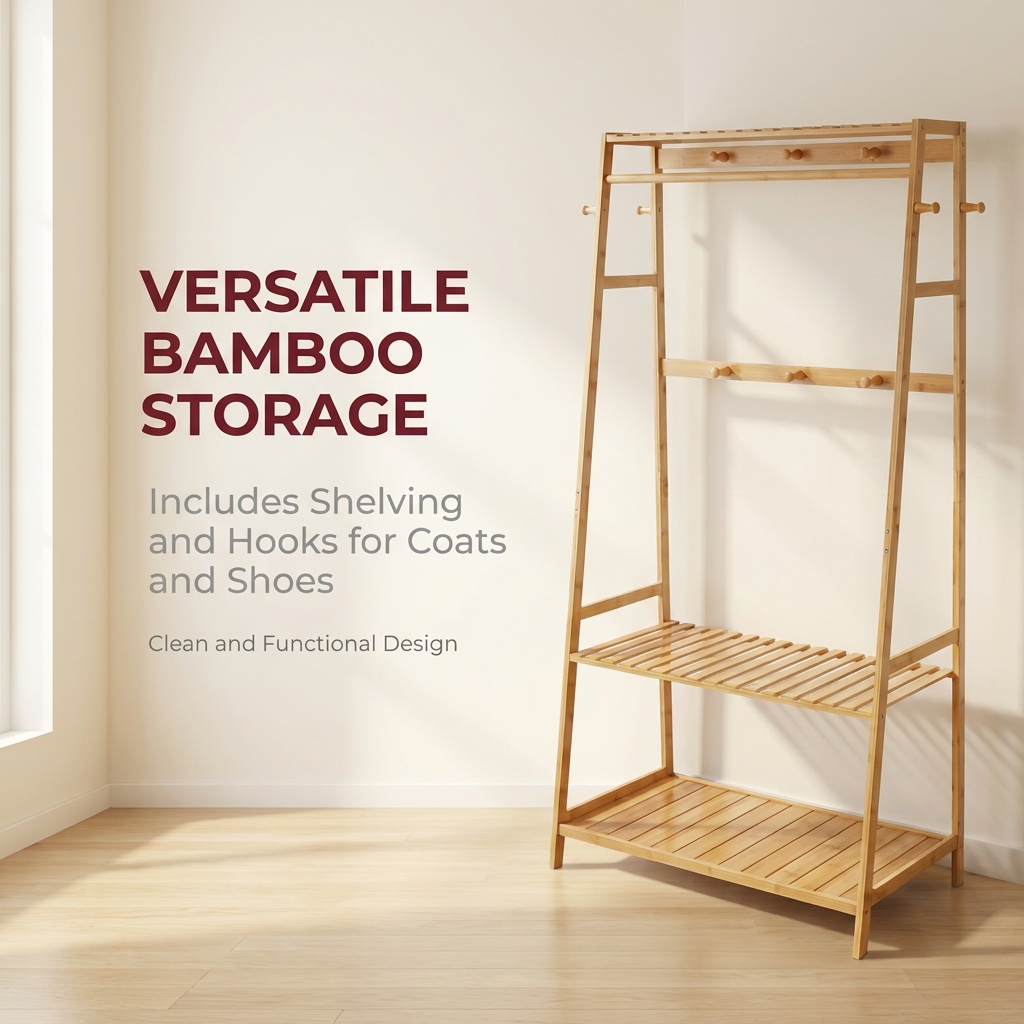 Bamboo Clothes Rail with 2 Shelves - Freestanding Garment Rack Bedroom Storage