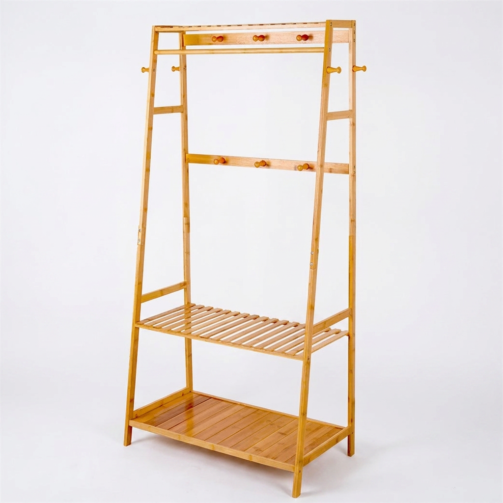 Bamboo Clothes Rail with 2 Shelves - Freestanding Garment Rack Bedroom Storage