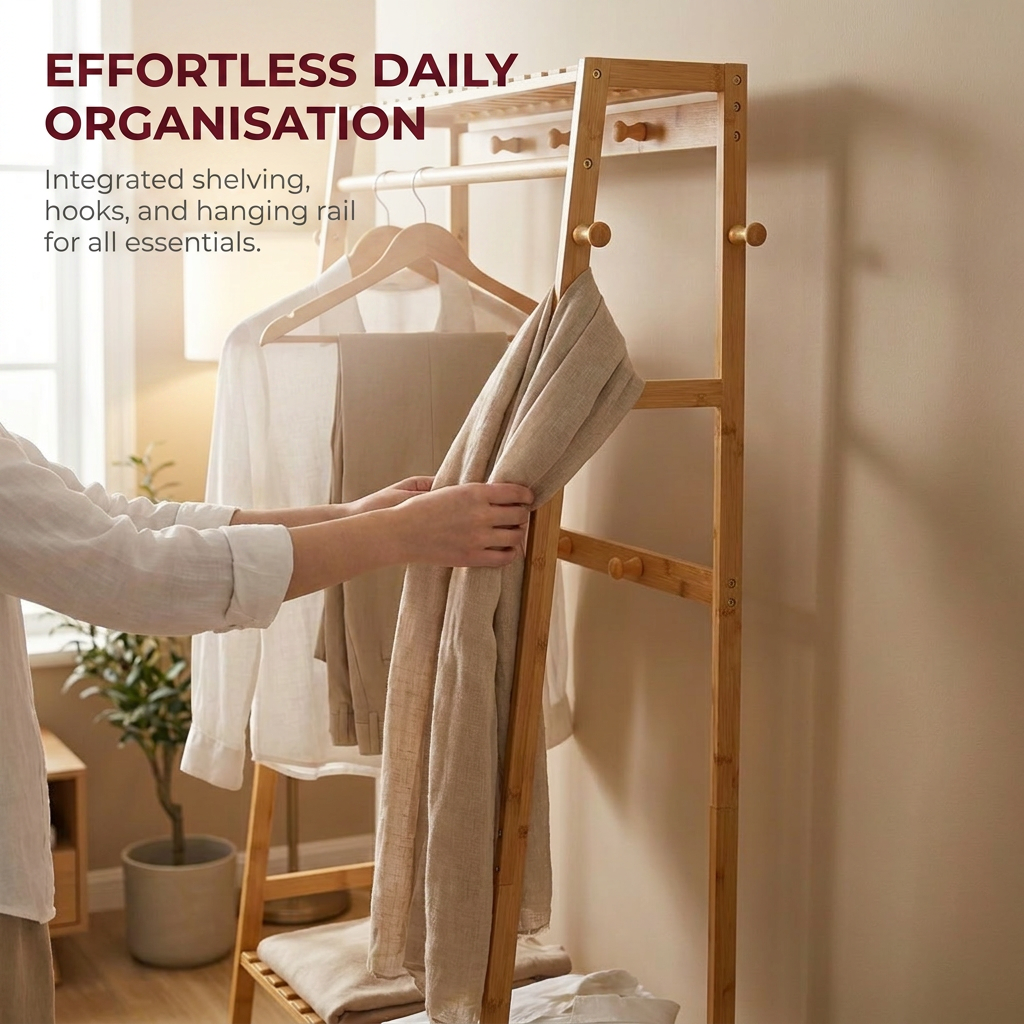 Bamboo Clothes Rail with 2 Shelves - Freestanding Garment Rack Bedroom Storage