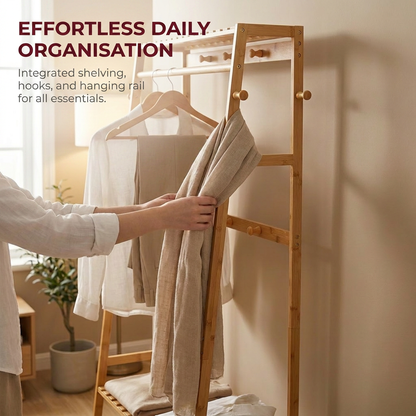 Bamboo Clothes Rail with 2 Shelves - Freestanding Garment Rack Bedroom Storage