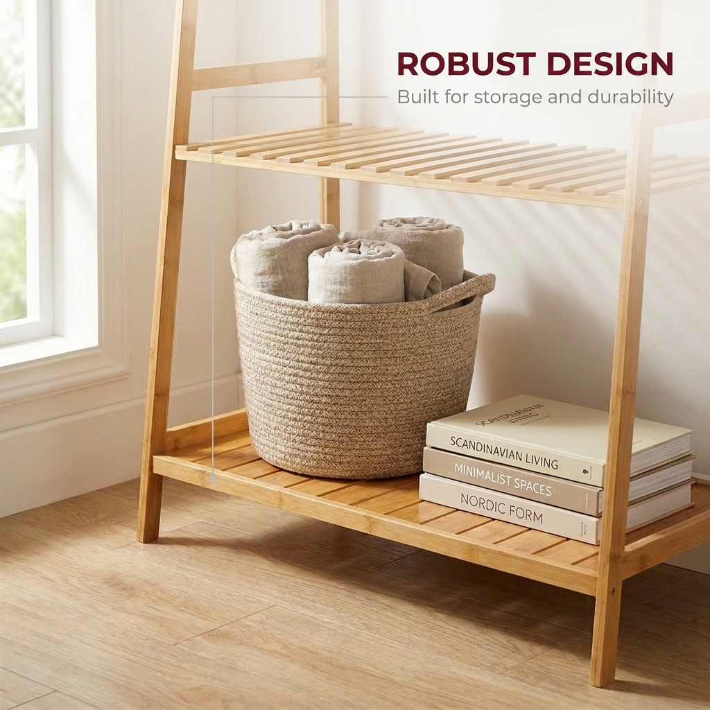 Bamboo Clothes Rail with 2 Shelves - Freestanding Garment Rack Bedroom Storage