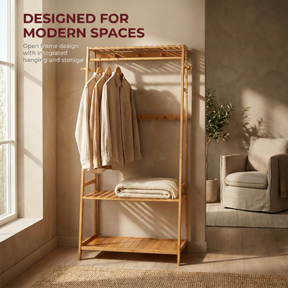 Bamboo Clothes Rail with 2 Shelves - Freestanding Garment Rack Bedroom Storage