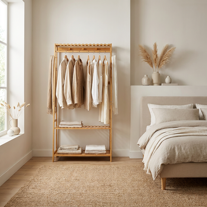 Bamboo Clothes Rail with 2 Shelves - Freestanding Garment Rack Bedroom Storage