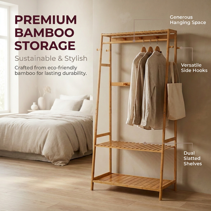 Bamboo Clothes Rail with 2 Shelves - Freestanding Garment Rack Bedroom Storage