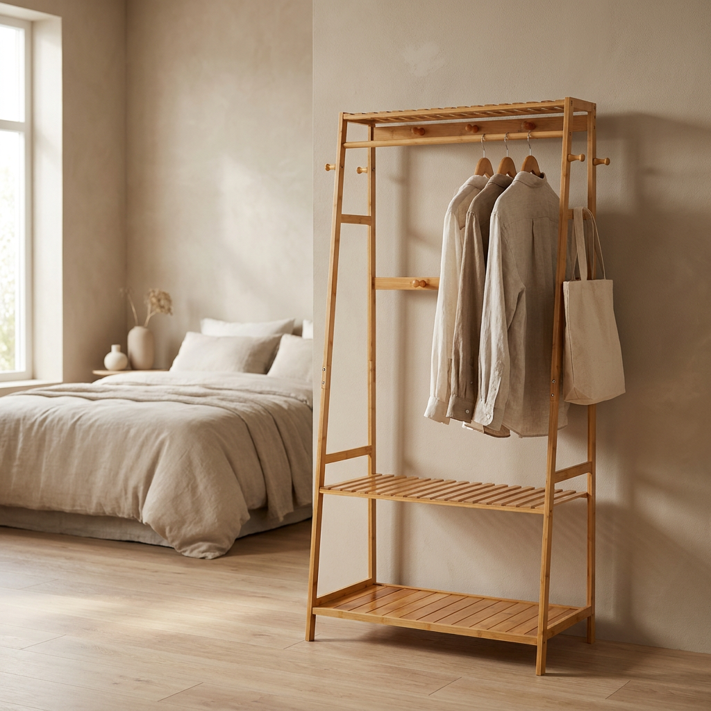 Bamboo Clothes Rail with 2 Shelves - Freestanding Garment Rack Bedroom Storage