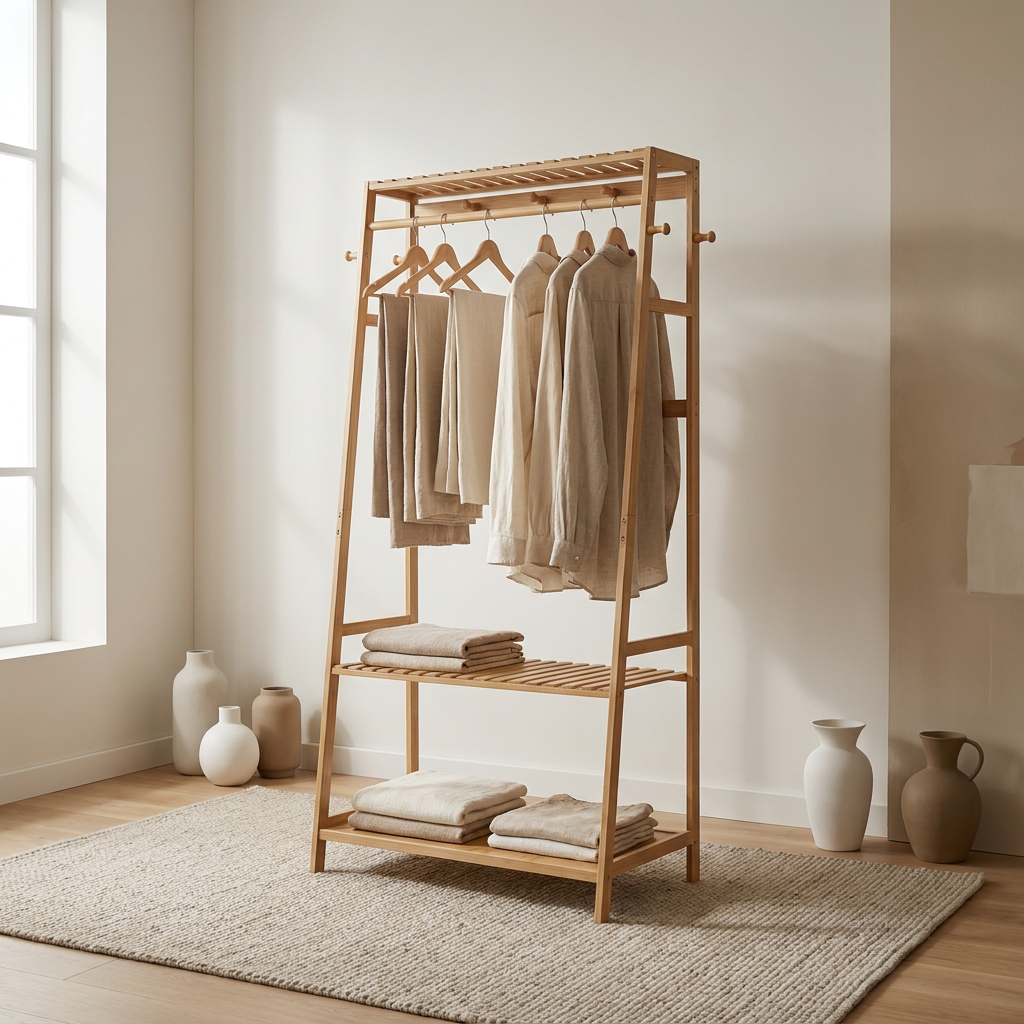 Bamboo Clothes Rail with 2 Shelves - Freestanding Garment Rack Bedroom Storage