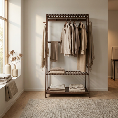 Bamboo Clothes Rail with 2 Shelves - Freestanding Garment Rack Bedroom Storage