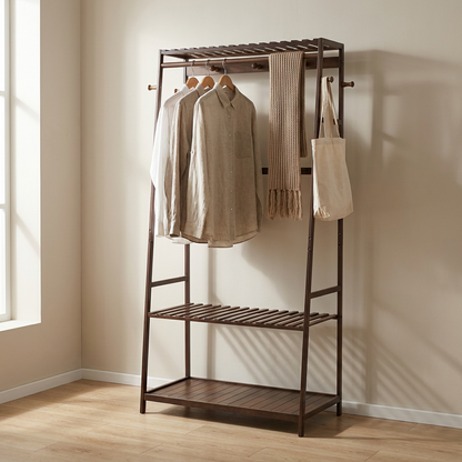 Bamboo Clothes Rail with 2 Shelves - Freestanding Garment Rack Bedroom Storage
