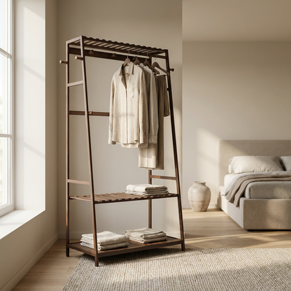 Bamboo Clothes Rail with 2 Shelves - Freestanding Garment Rack Bedroom Storage