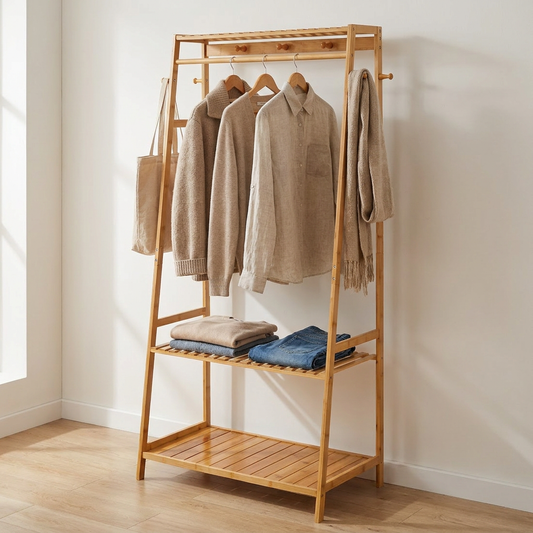 Bamboo Clothes Rail with 2 Shelves - Freestanding Garment Rack Bedroom Storage