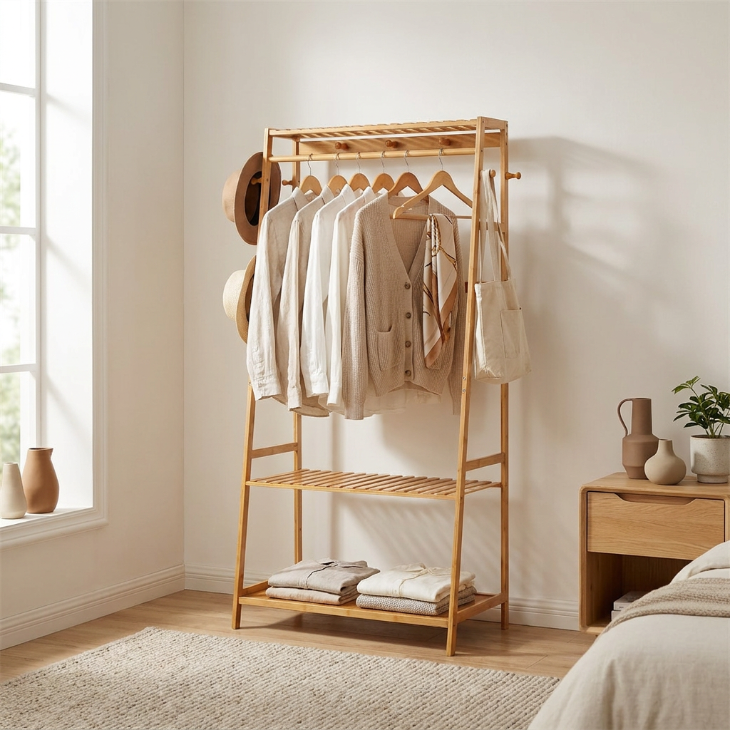 Bamboo Clothes Rail with 2 Shelves - Freestanding Garment Rack Bedroom Storage