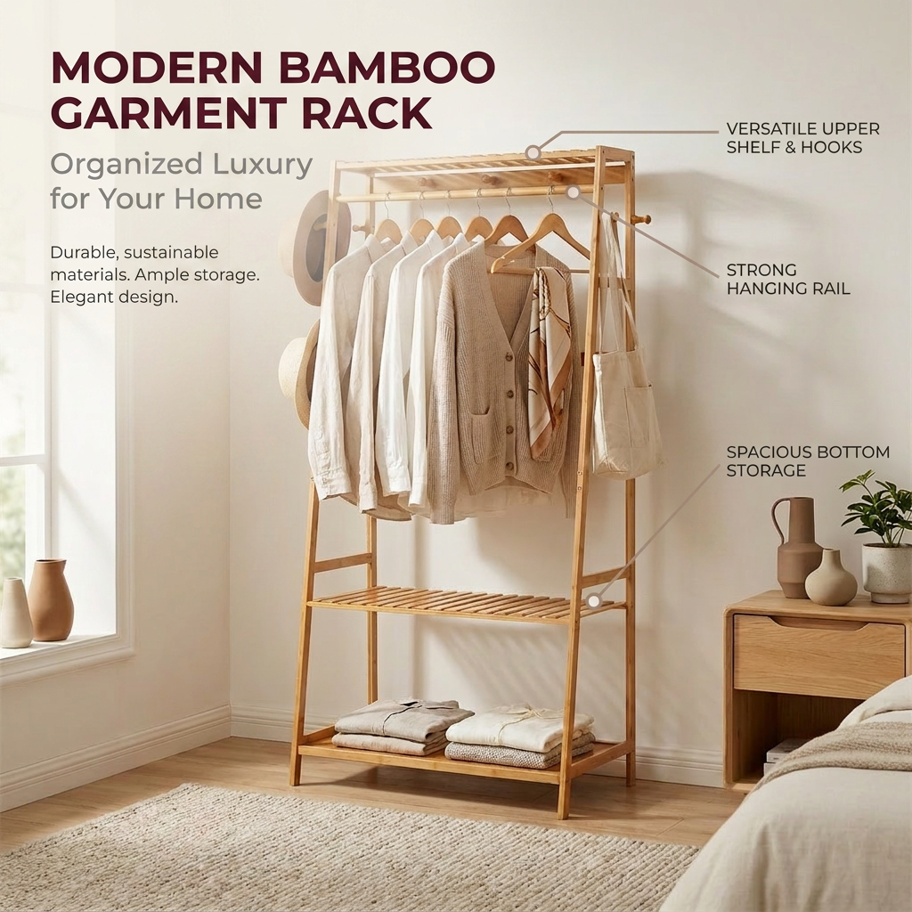 Bamboo Clothes Rail with 2 Shelves - Freestanding Garment Rack Bedroom Storage