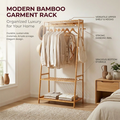 Bamboo Clothes Rail with 2 Shelves - Freestanding Garment Rack Bedroom Storage
