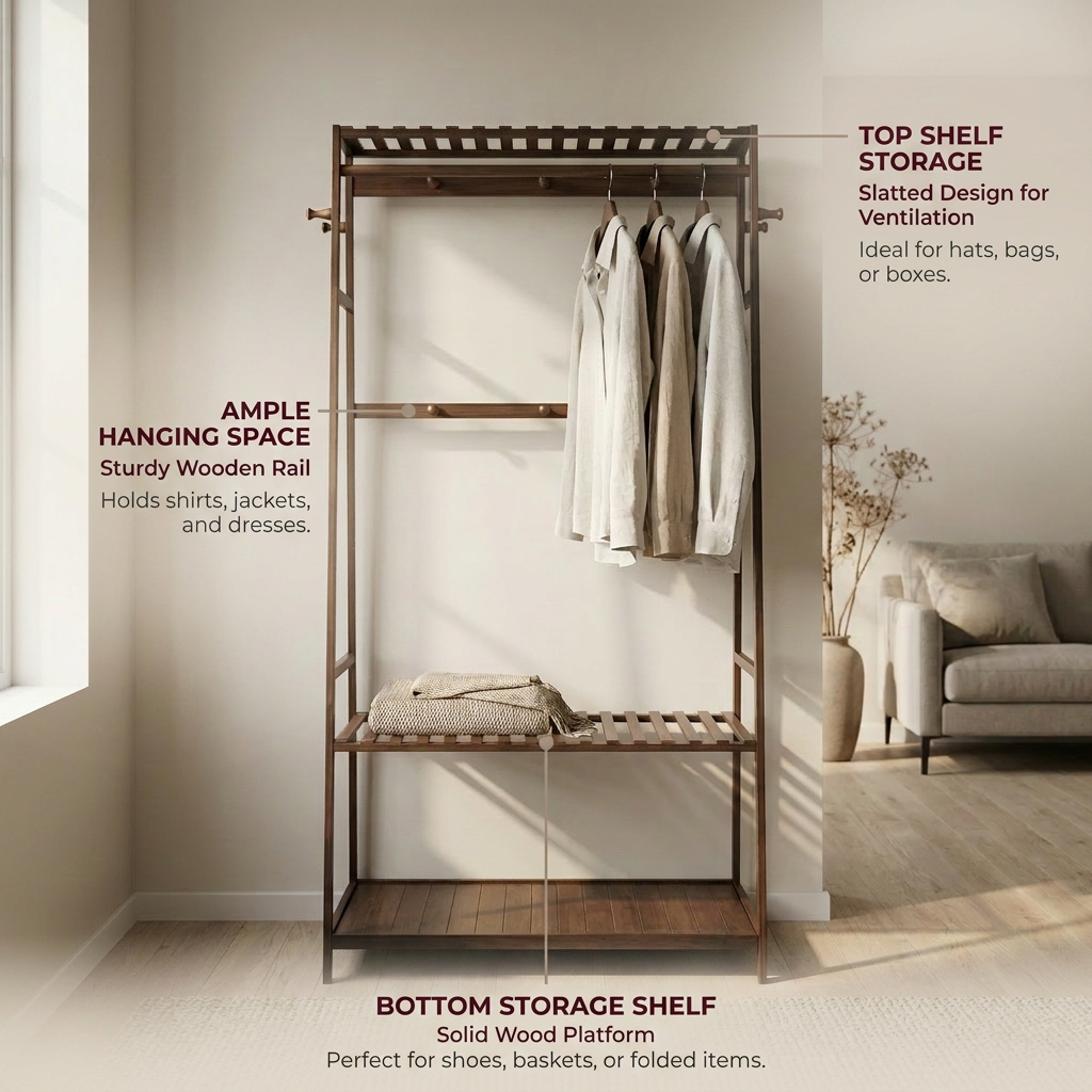 Bamboo Clothes Rail with 2 Shelves - Freestanding Garment Rack Bedroom Storage