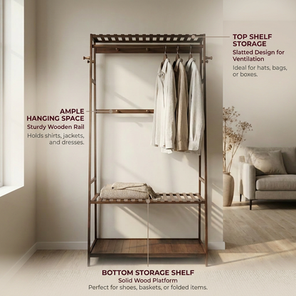 Bamboo Clothes Rail with 2 Shelves - Freestanding Garment Rack Bedroom Storage