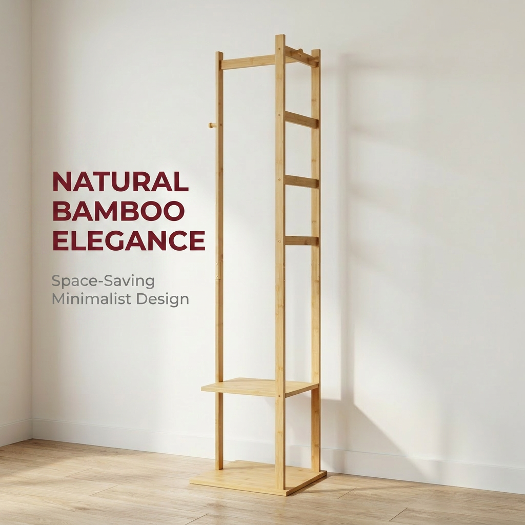 Narrow Bamboo Clothes Rail with 2 Shelves - Compact Garment Rack for Small Spaces