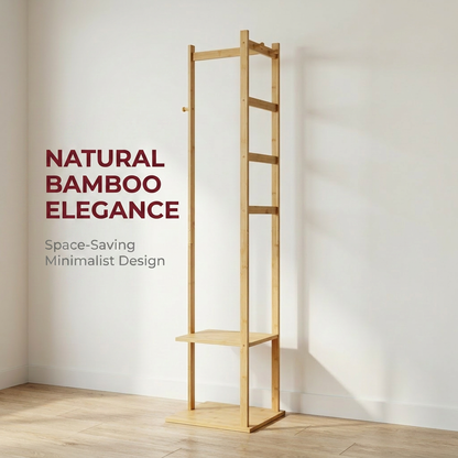 Narrow Bamboo Clothes Rail with 2 Shelves - Compact Garment Rack for Small Spaces