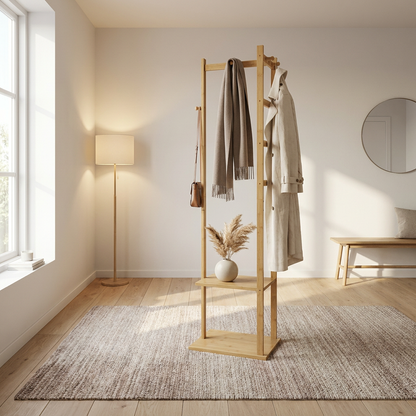 Narrow Bamboo Clothes Rail with 2 Shelves - Compact Garment Rack for Small Spaces