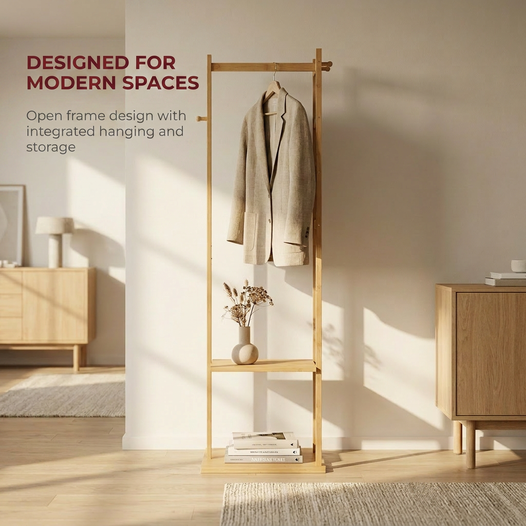 Narrow Bamboo Clothes Rail with 2 Shelves - Compact Garment Rack for Small Spaces
