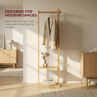 Narrow Bamboo Clothes Rail with 2 Shelves - Compact Garment Rack for Small Spaces