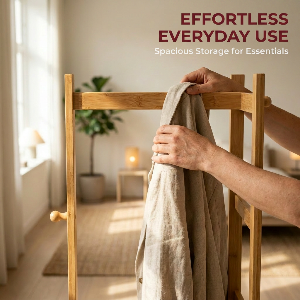 Narrow Bamboo Clothes Rail with 2 Shelves - Compact Garment Rack for Small Spaces