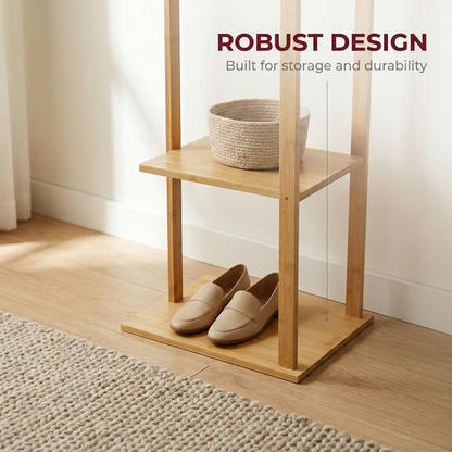 Narrow Bamboo Clothes Rail with 2 Shelves - Compact Garment Rack for Small Spaces