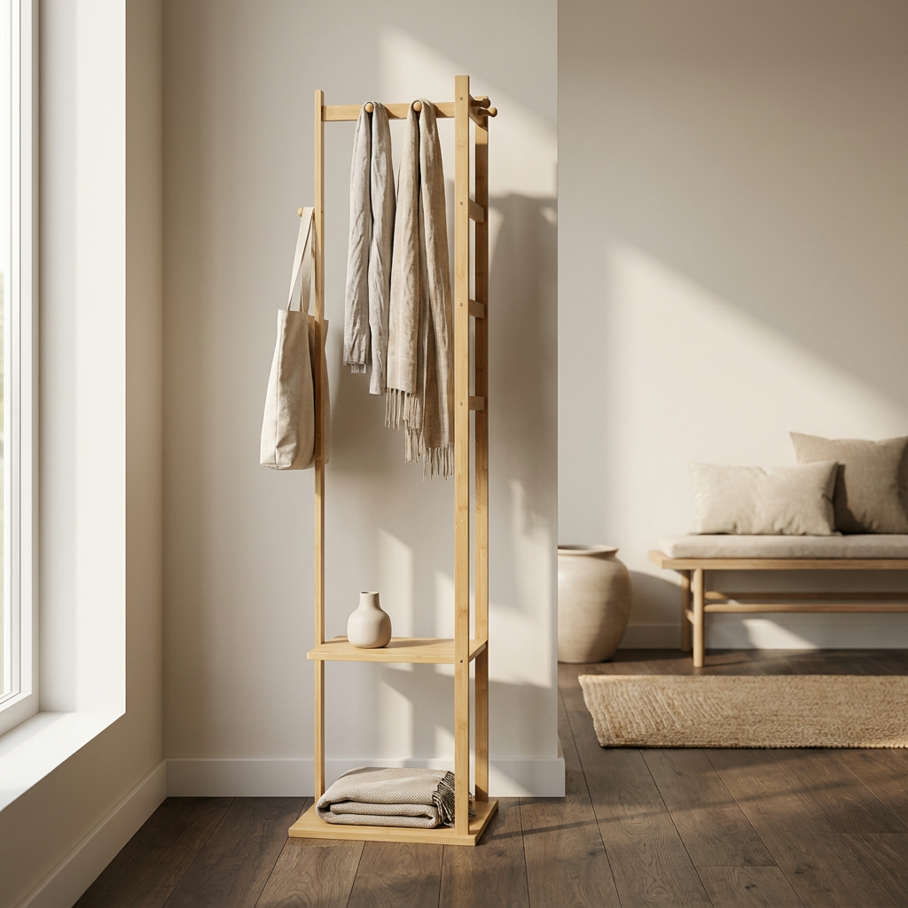 Narrow Bamboo Clothes Rail with 2 Shelves - Compact Garment Rack for Small Spaces