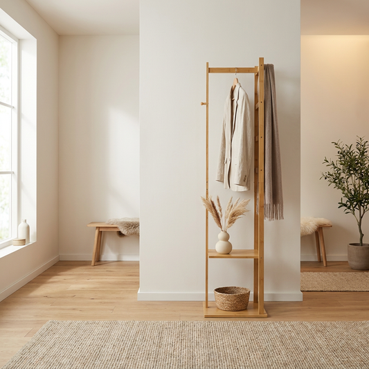 Narrow Bamboo Clothes Rail with 2 Shelves - Compact Garment Rack for Small Spaces