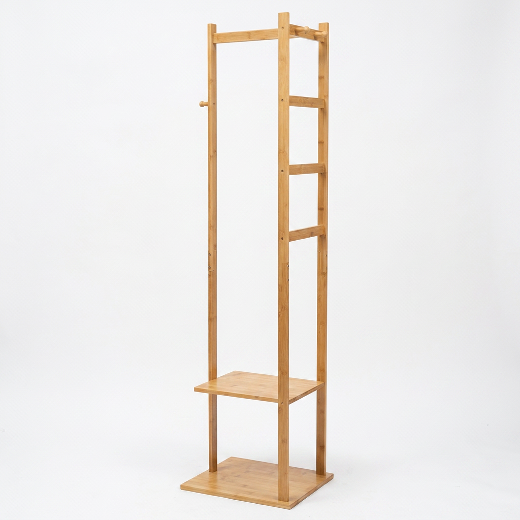 Narrow Bamboo Clothes Rail with 2 Shelves - Compact Garment Rack for Small Spaces