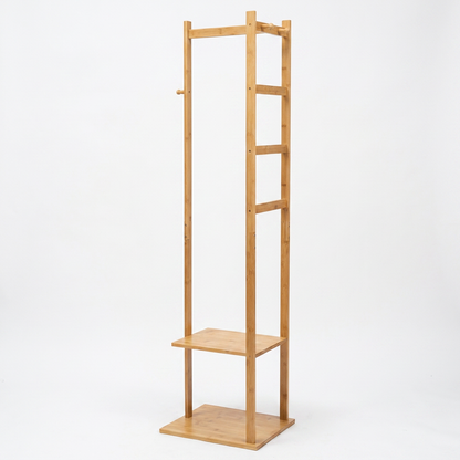 Narrow Bamboo Clothes Rail with 2 Shelves - Compact Garment Rack for Small Spaces