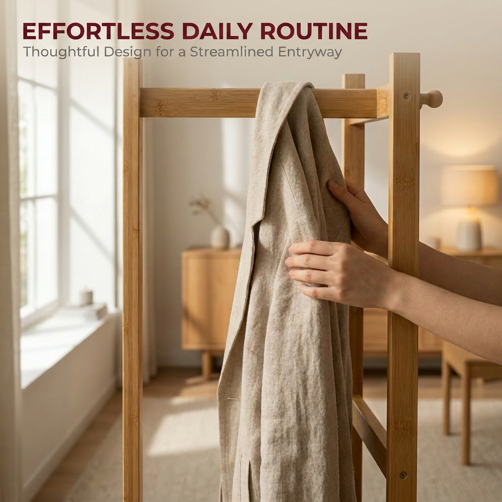 Narrow Bamboo Clothes Rail with 2 Shelves - Compact Garment Rack for Small Spaces