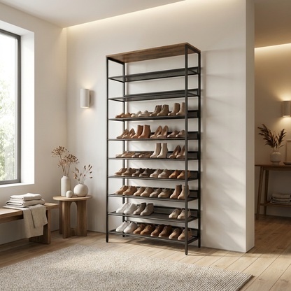 10 Tier Tall Shoe Rack - Free Standing Shoe Storage Organiser for 30 Pairs