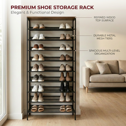 10 Tier Tall Shoe Rack - Free Standing Shoe Storage Organiser for 30 Pairs